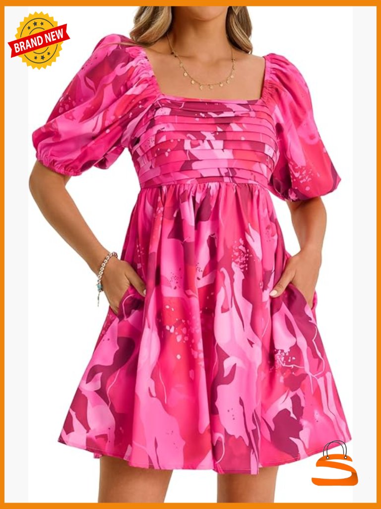 Square Neck Mini Dress Floral Puff Sleeve Smocked High Waisted A-Line Babydoll